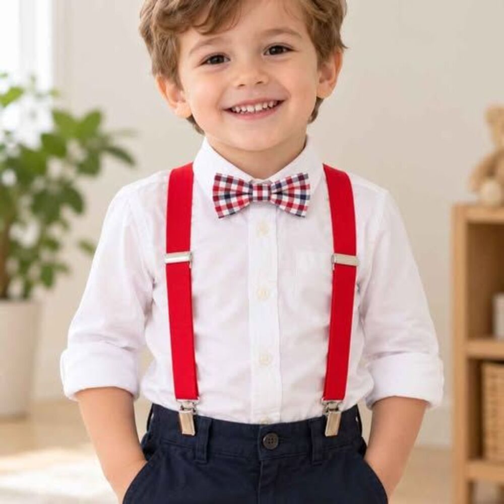 LC Waikiki Boys Red Suspenders & Plaid Bow Tie Set Adjustable Formal
